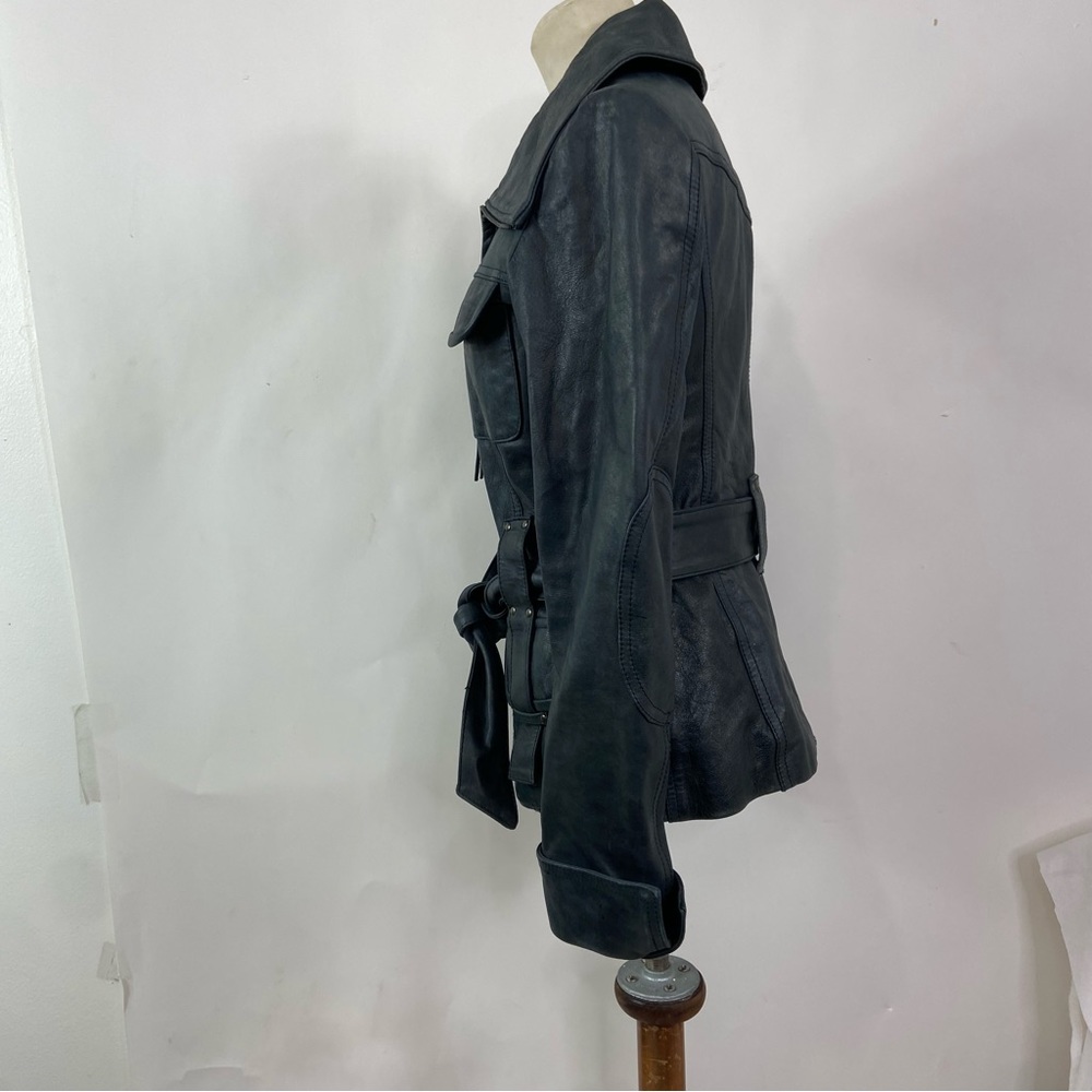 Vincent’s charcoal gray black belted leather moto biker jacket. - Picture 13 of 15